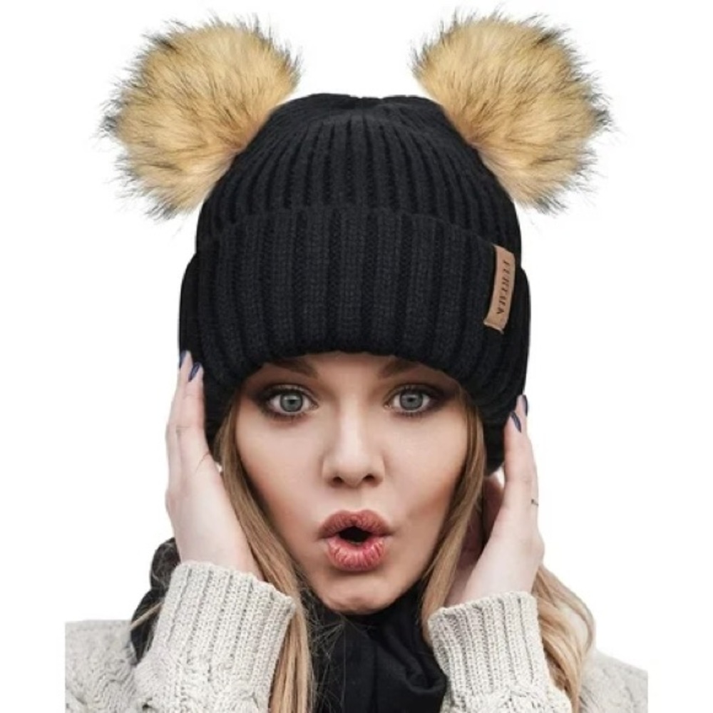 NWT Furtalk Double Snap On Pom Pom Beanie Black One Size